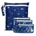 Bumkins - Waterproof Wet Bag & Clear Travel Bags - For Beach, Baby, Travel, Swim Suit, Cloth Diapers, Pump Parts, Pool, Gym, Toiletries - Reusable & Easy to Clean - Evil Eye - 4 Pack