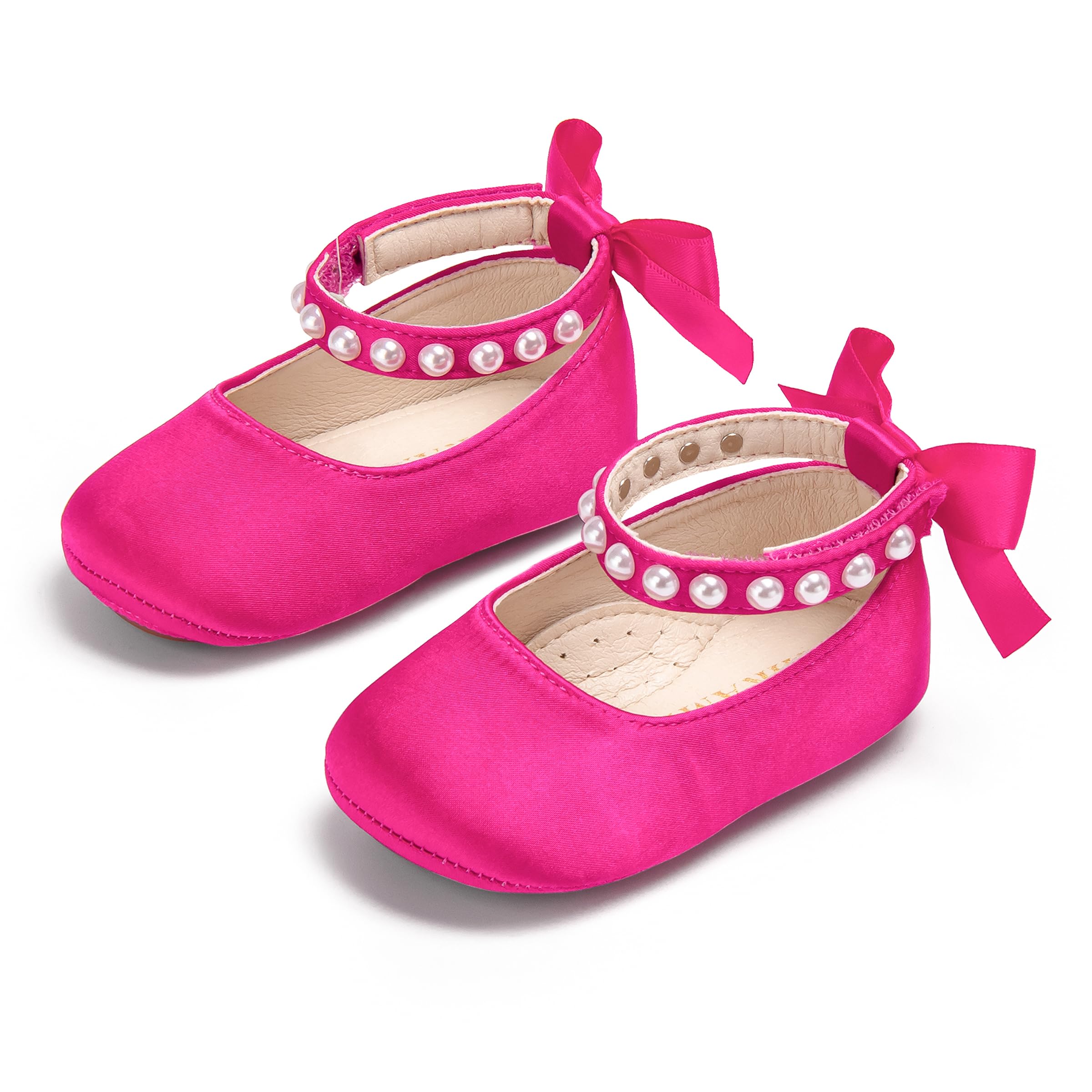 PHIRAMIN Baby Girls Rose Pink Mary Jane Flats - Infant 9-12 Months Walking Shoes Soft Rubber Sole Princess Wedding