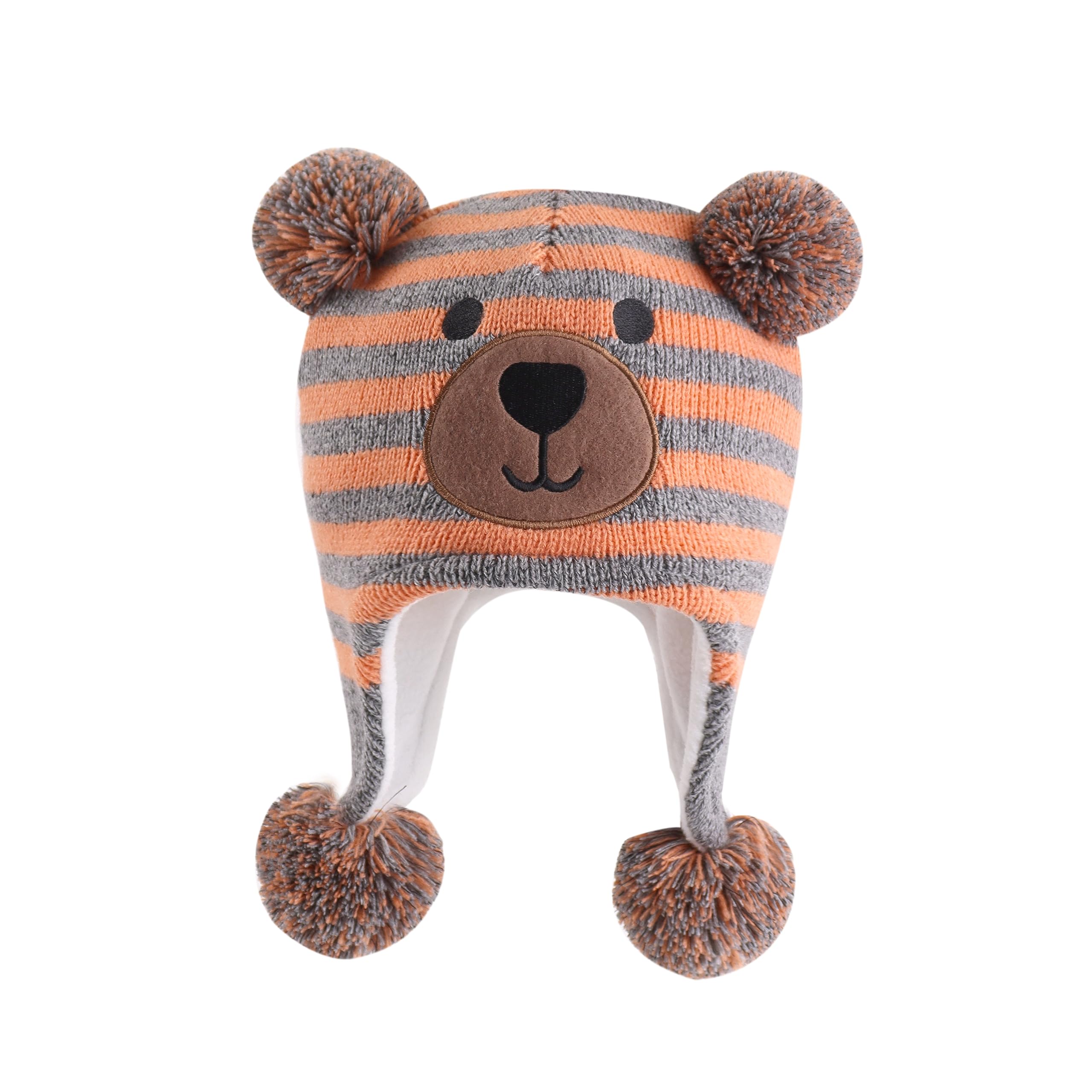 LANGZHEN Toddler Kids Infant Winter Hat,Earflap Knit Warm Cap Fleece Lined Beanie for Baby Boys Girls (Bear -Grey Orange Stripe, 2-4 T)