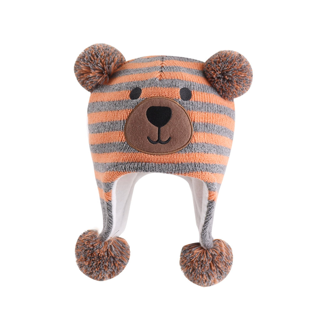 LANGZHEN Toddler Kids Infant Winter Hat,Earflap Knit Warm Cap Fleece Lined Beanie for Baby Boys Girls (Bear -Grey Orange Stripe, 2-4 T)