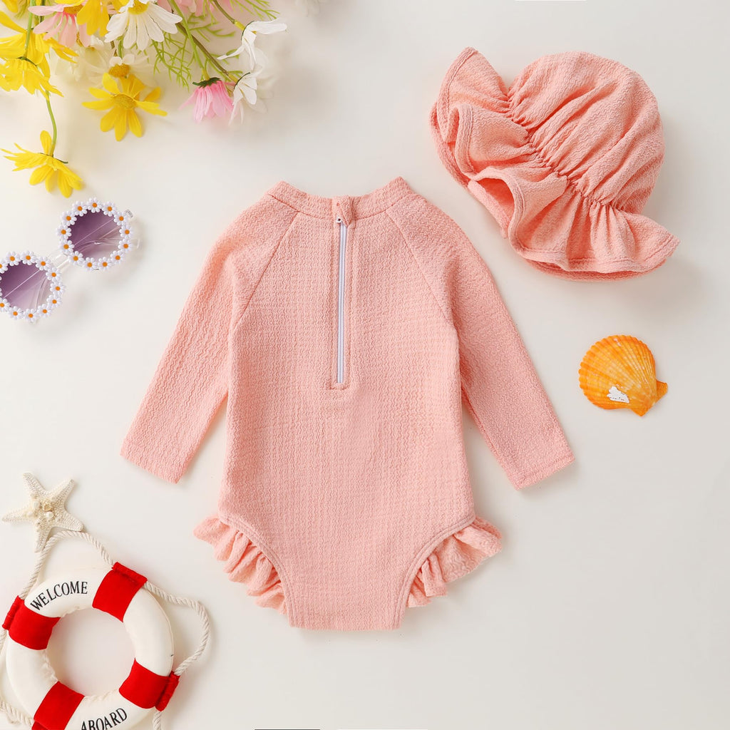 YOUNGER TREE Infant Baby Girls Long Sleeve Swimsuit One Piece Swimsuit Solid Color Bathing Suit with Hat, UPF 50+（Shallow Pink, 18-24 Months）
