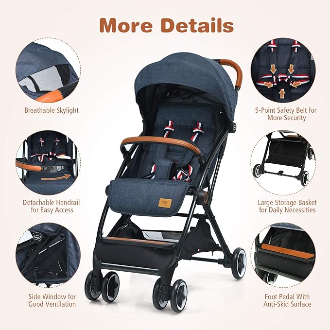 BABY JOY Lightweight Baby Stroller, Compact Toddler Travel Stroller for Airplane, Infant Stroller w/ 5-Point Harness, Adjustable Backrest/Footrest/Canopy, Storage Basket, Easy One-Hand Fold, Blue