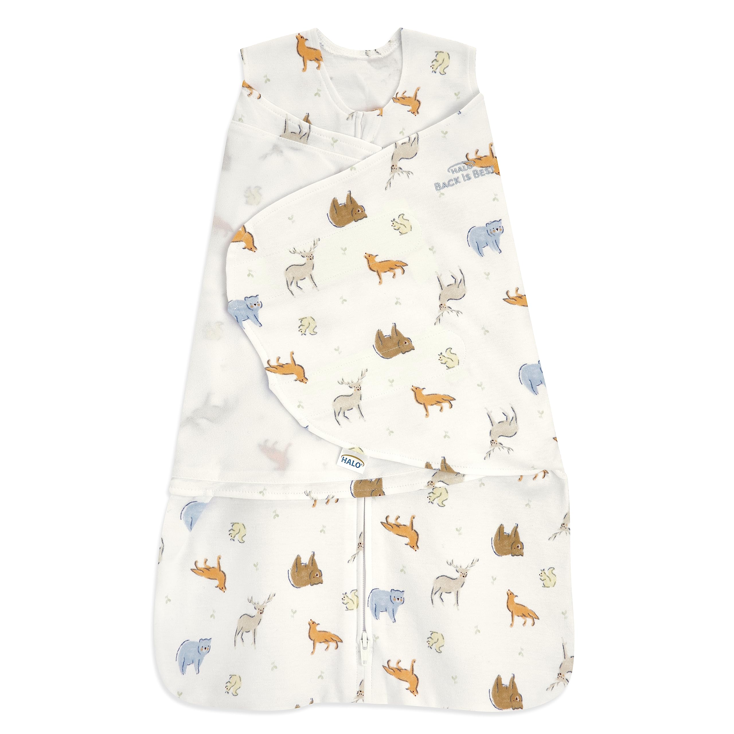 HALO 100% Cotton Sleepsack Swaddle, 3-Way Adjustable Wearable Blanket, TOG 1.5, Forest Friends, Newborn, 0-3 Months