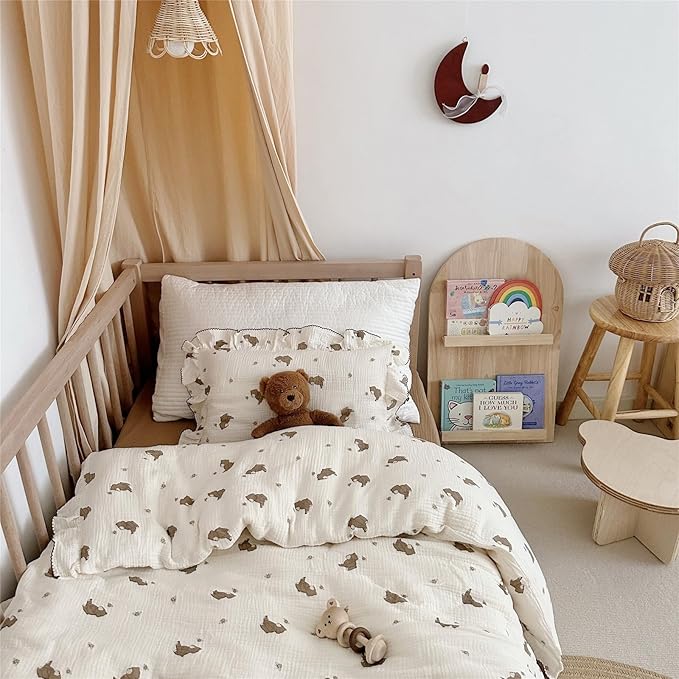 AOJIM Cute Cartoon Pattern Muslin Toddler Kids Pillow Case Super Soft Cotton Baby Crib Pillowcase 1pc with Ruffle Edge, Machine Washable Boys Girls Pillowcase with Bear and Bee Print for Decor,14x20''