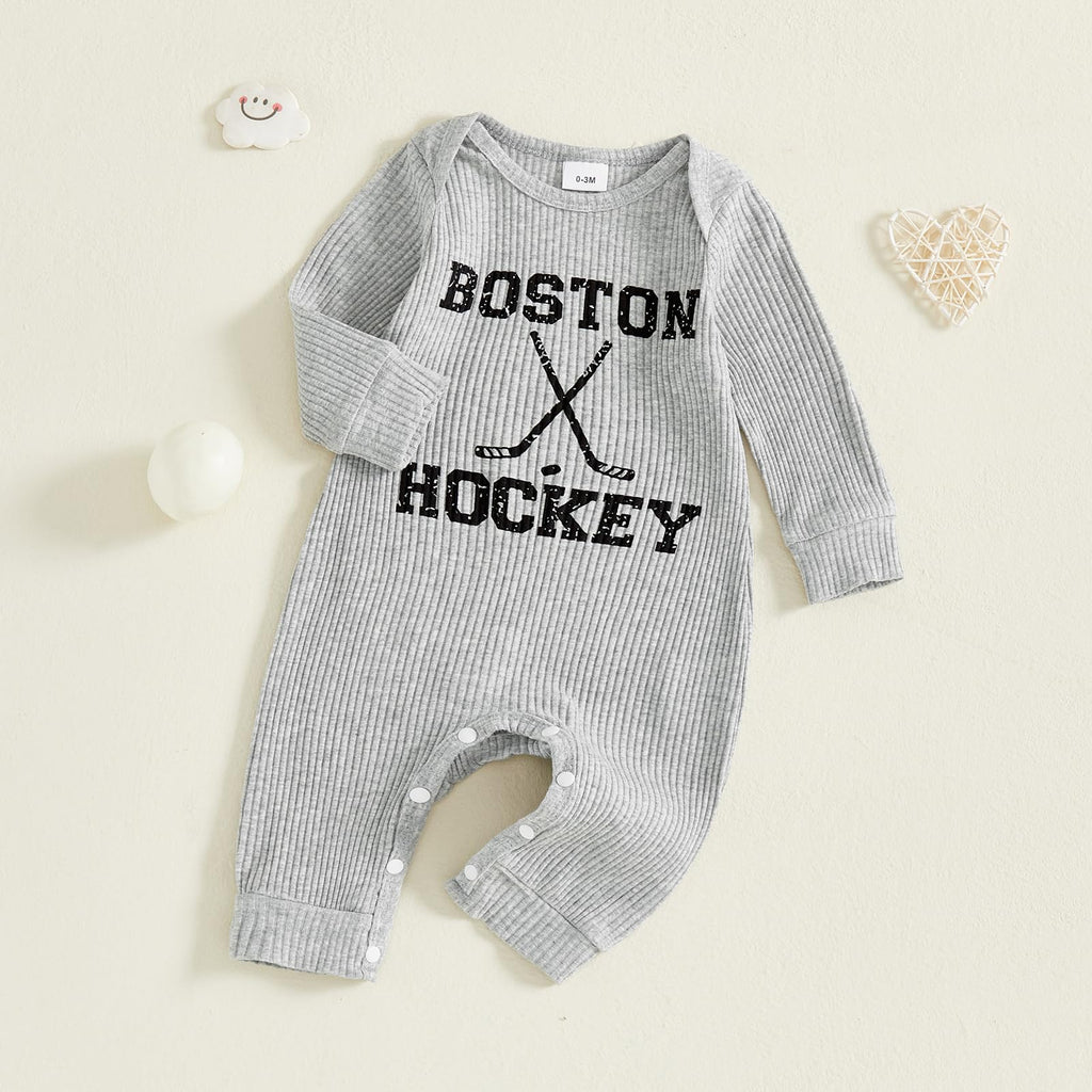 Fernvia Newborn Baby Boy Clothes Letters Print Bodysuit 3 6 9 12 18 Months Long Sleeve Jumpsuit with Hat 2PCS Outfits Set (E Dark Grey, 0-3 Months)