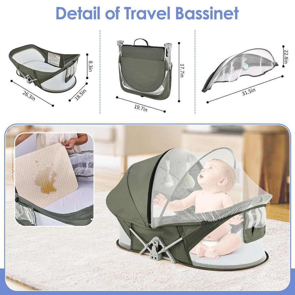 ISELECTOR Bedside Bassinet for Baby, Portable Baby Bassinet Travel Bed with Mosquito Net & Sunshade, Lightweight Foldable Baby Crib with Easy-Clean Fabric for Home & Outdoor