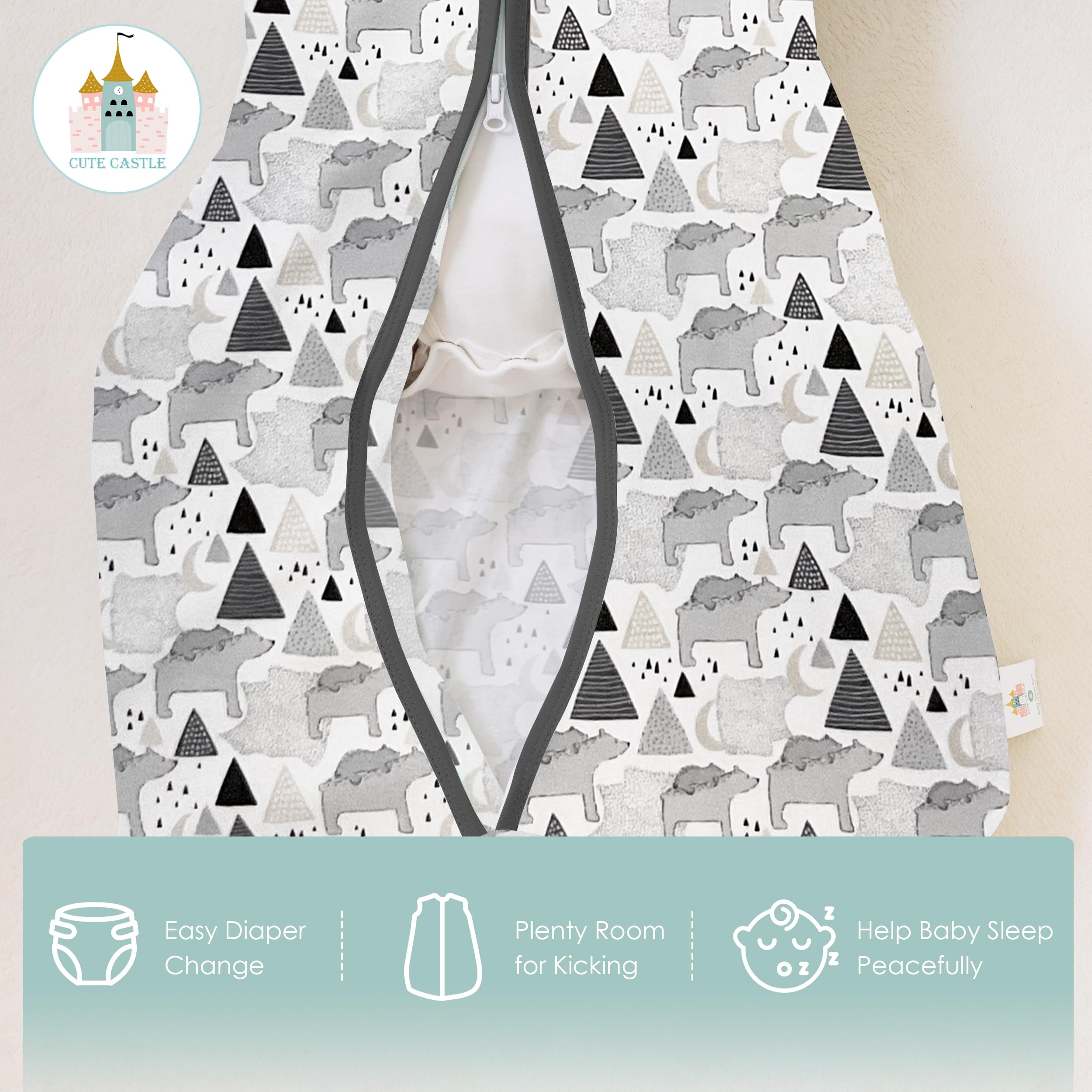 Cute Castle Baby Sleep Sack 6-12 Months - Lightweight 100% Cotton 2-Way Zipper TOG 0.5 Infant Wearable Blanket, Newborn Essentials Toddler Sleep Clothes, 3 Pack(Dark gray, Light gray, Bear)