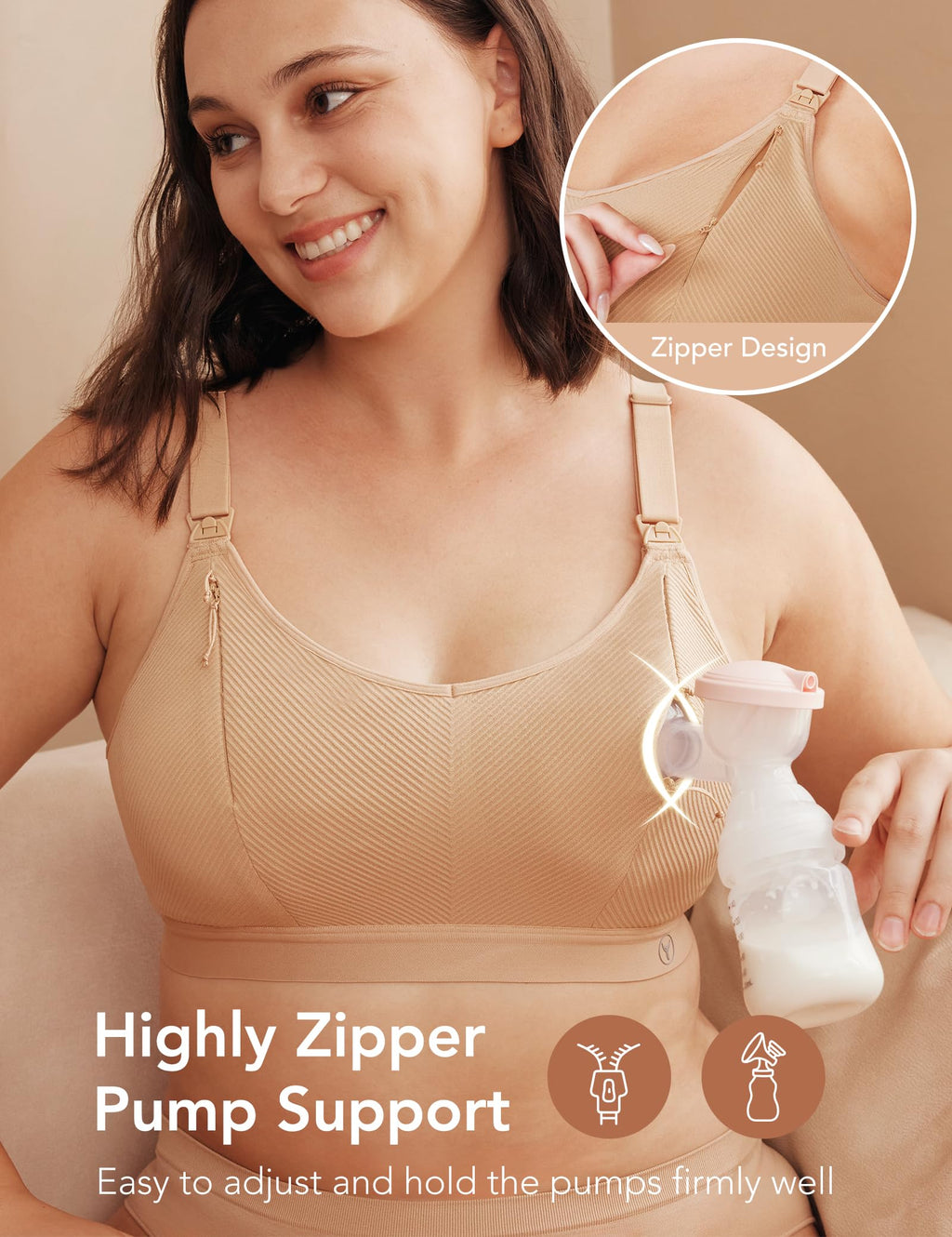 Pumping Bra Hands Free Zip Opening Design Seamless Nursing Bras for Breastfeeding High Support Nursing & Pumping Bra in One Nude L