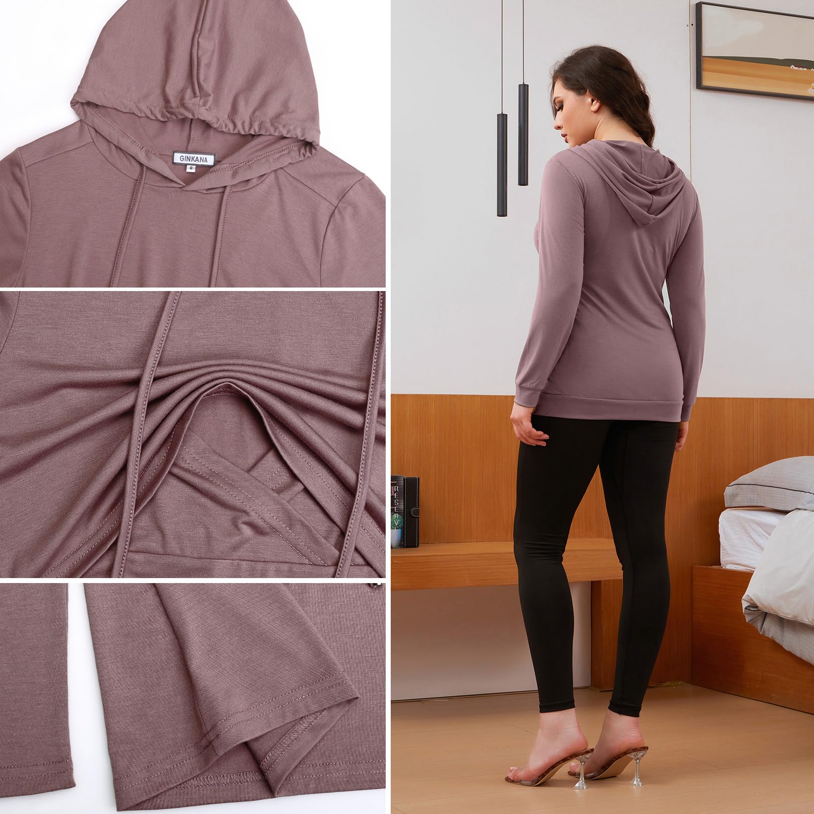 GINKANA Women's Nursing Sweatshirt Long Sleeves Breastfeeding Hoodies Top for Pregnant Women Shirt,Mauve,M