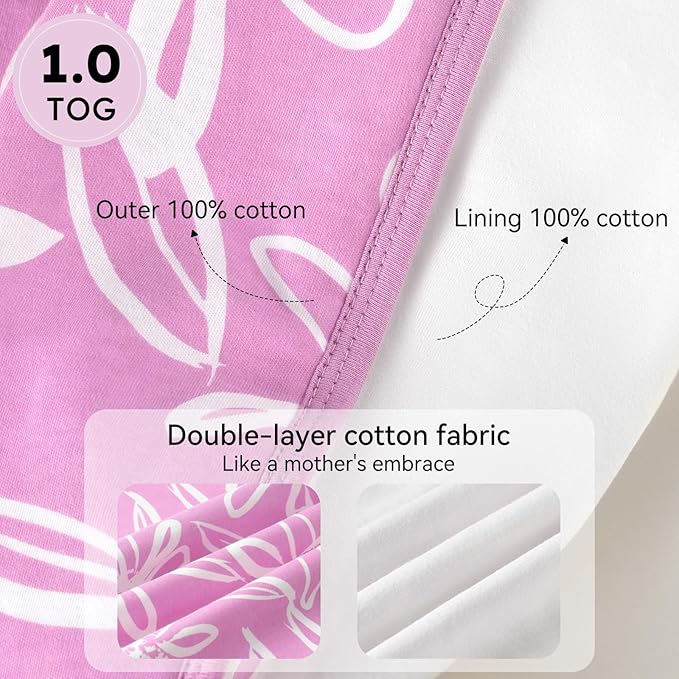 Baby Sleep Sack 18-24 Months 1.0 Tog Baby Wearable Blanket 100% Cotton Sleeping Sack with 2-Way Zipper for Toddler Infant Purple Leaf