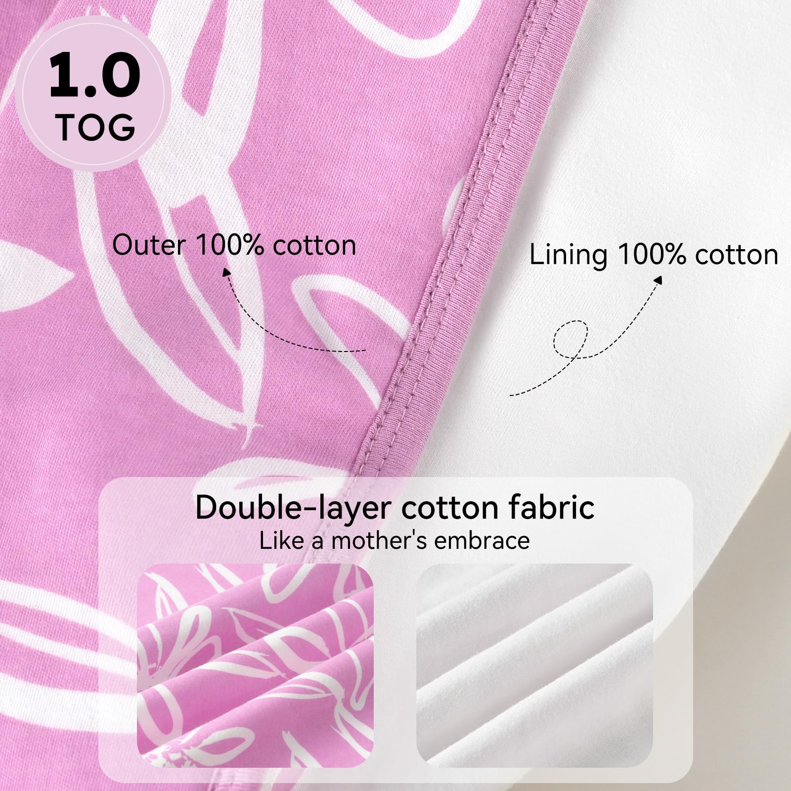 Unnivoll Baby Sleep Sack 12-18 Months 1.0 Tog Baby Wearable Blanket 100% Cotton Sleeping Sack with 2-Way Zipper for Toddler Infant Purple Leaf