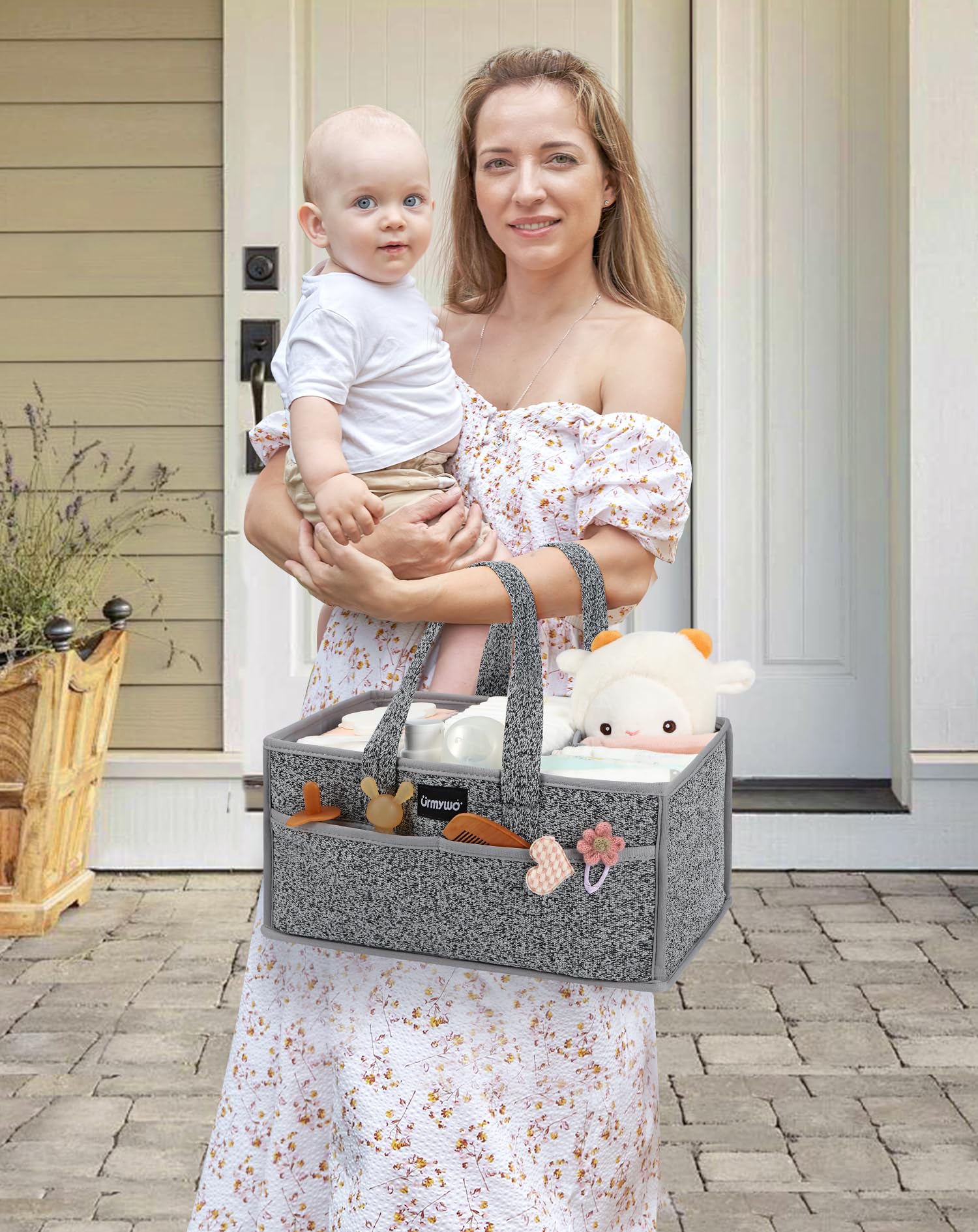 URMYWO Diaper Caddy Organizer - Portable Baby Diaper Caddy with Handle, Large Nursery Organizer Storage Basket for Newborn Essentials, Baby Registry Must Have Shower Gift for Home and Car Travel