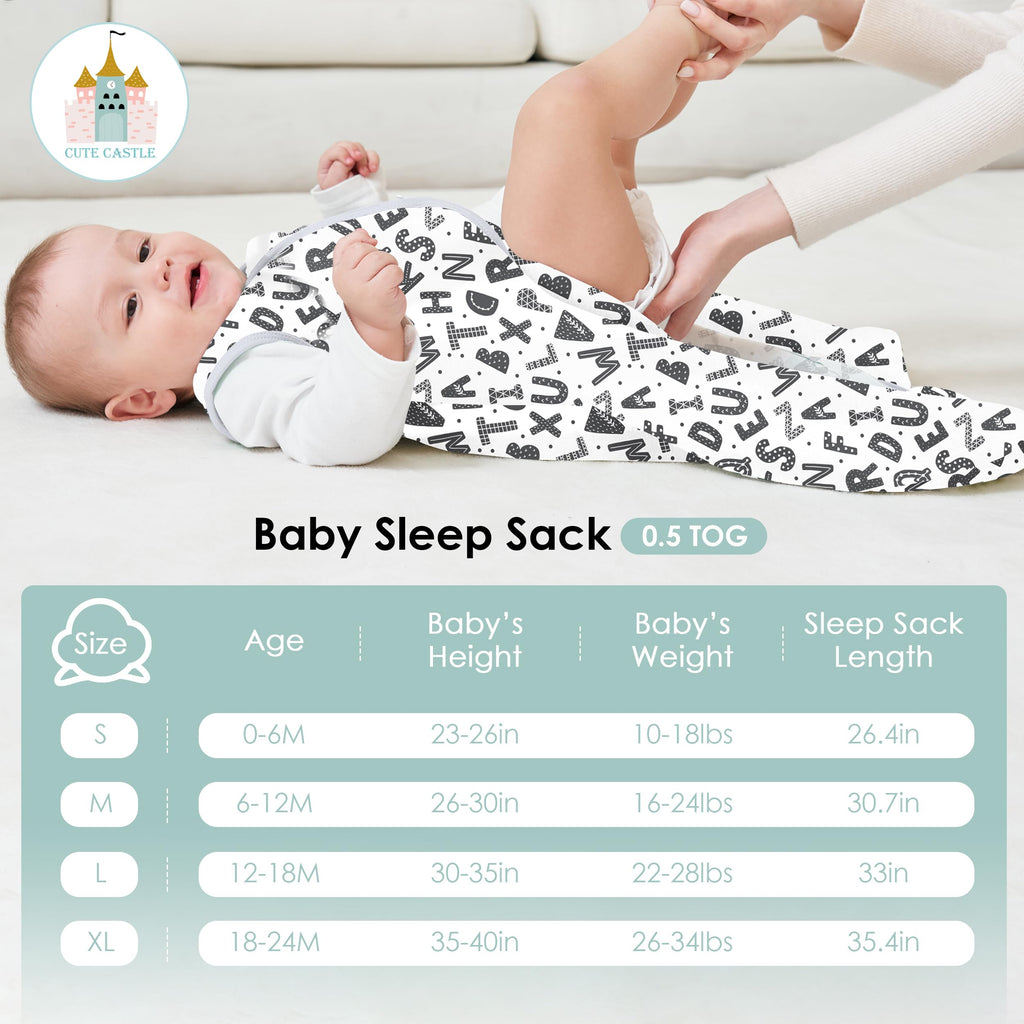 Cute Castle Baby Sleep Sack 12-18 Months - Lightweight 100% Cotton 2-Way Zipper TOG 0.5 Infant Wearable Blanket, Newborn Essentials Toddler Sleep Clothes, 3 Pack(Gray, Letters, Stars)