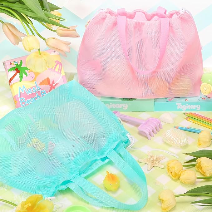 Tagitary Beach Toys Kids Beach Bag Tote with Drawstring, Pink Blue Mesh Bag Travel Beach Essentials for Kids Swim Pool Gym Bag Camping Accessories Toys Storage Lightweight Foldable Birthday Gifts