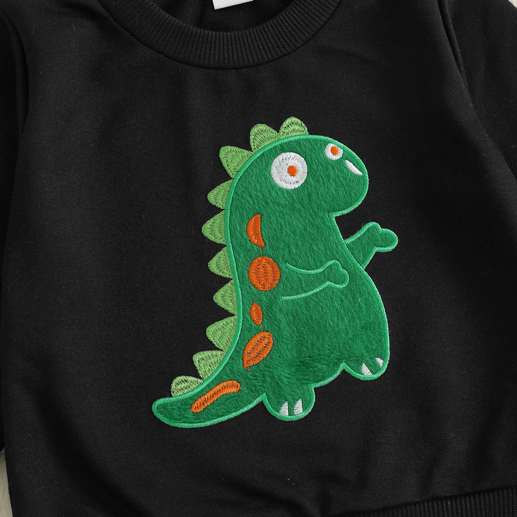 Nyapruwe Toddler Baby Boys Fall Winter Outfits Funny Print Top Pants Set (Black Dinosaur, 12-18 Months)