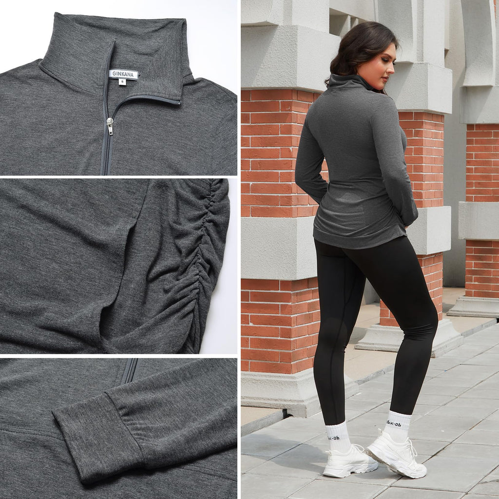 GINKANA Maternity Shirt Half Zipper Lapel Pregnancy Sweatshirts Casual Long Sleeve Maternity Pullover with Pockets,Deep Grey,S