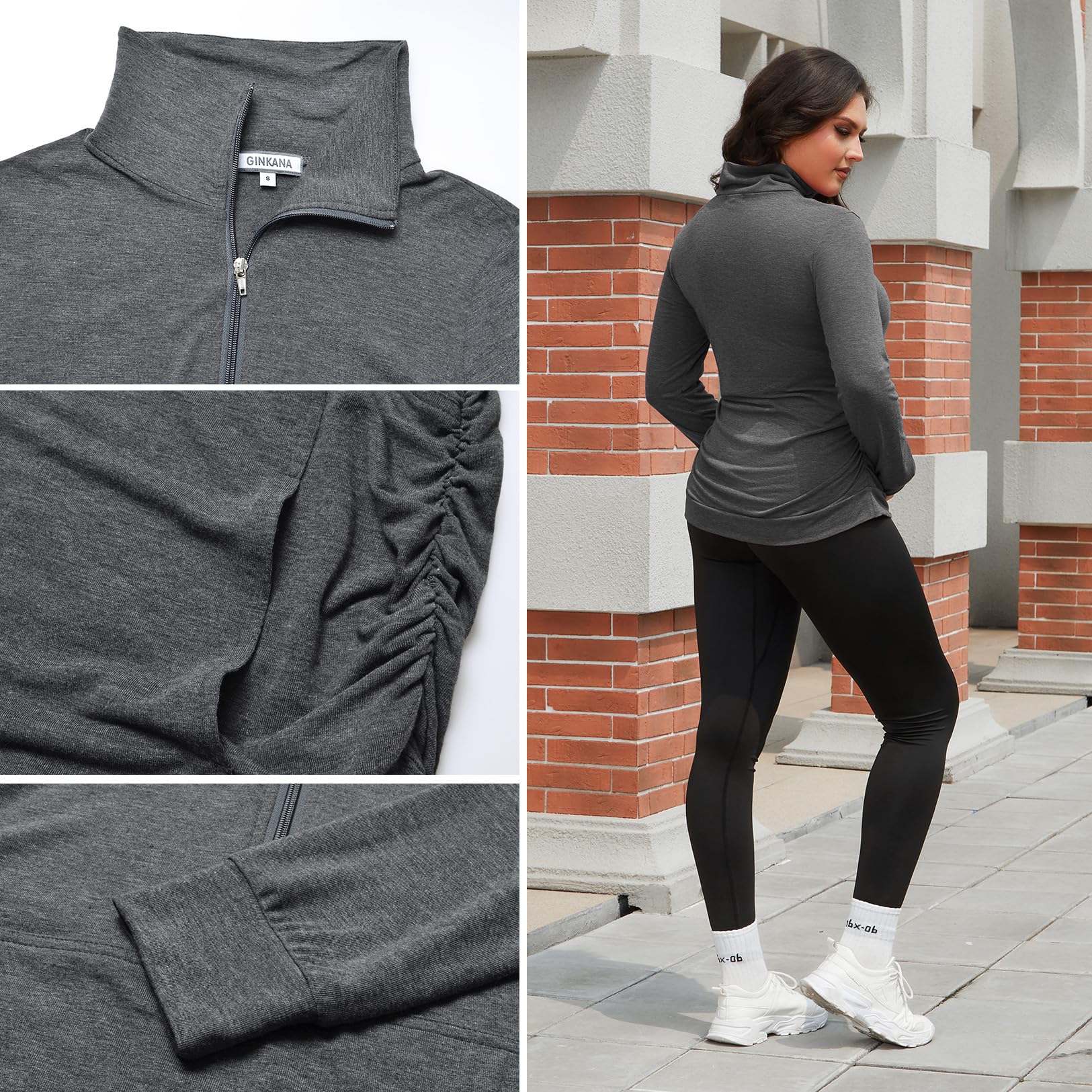 GINKANA Maternity Shirt Half Zipper Lapel Pregnancy Sweatshirts Casual Long Sleeve Maternity Pullover with Pockets,Deep Grey,S