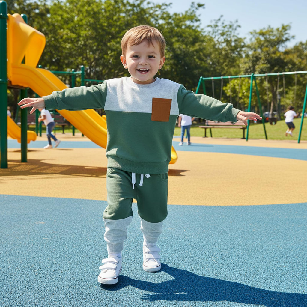 Kupretty Toddler Baby Boy Color Block Sweatshirt Pants Set Gray Green 18M