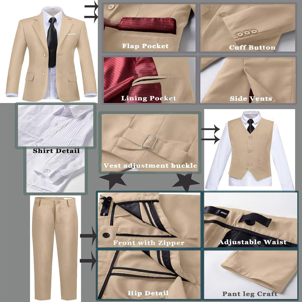 Fxzpiodi Suit for Boys Slim Fit Wedding Outfit Suit Size 2-20 Kids 6 Piece Tuxedo Solid Formal Dresswear of Jacket Vest Pants Shirt and Tie Khaki 14