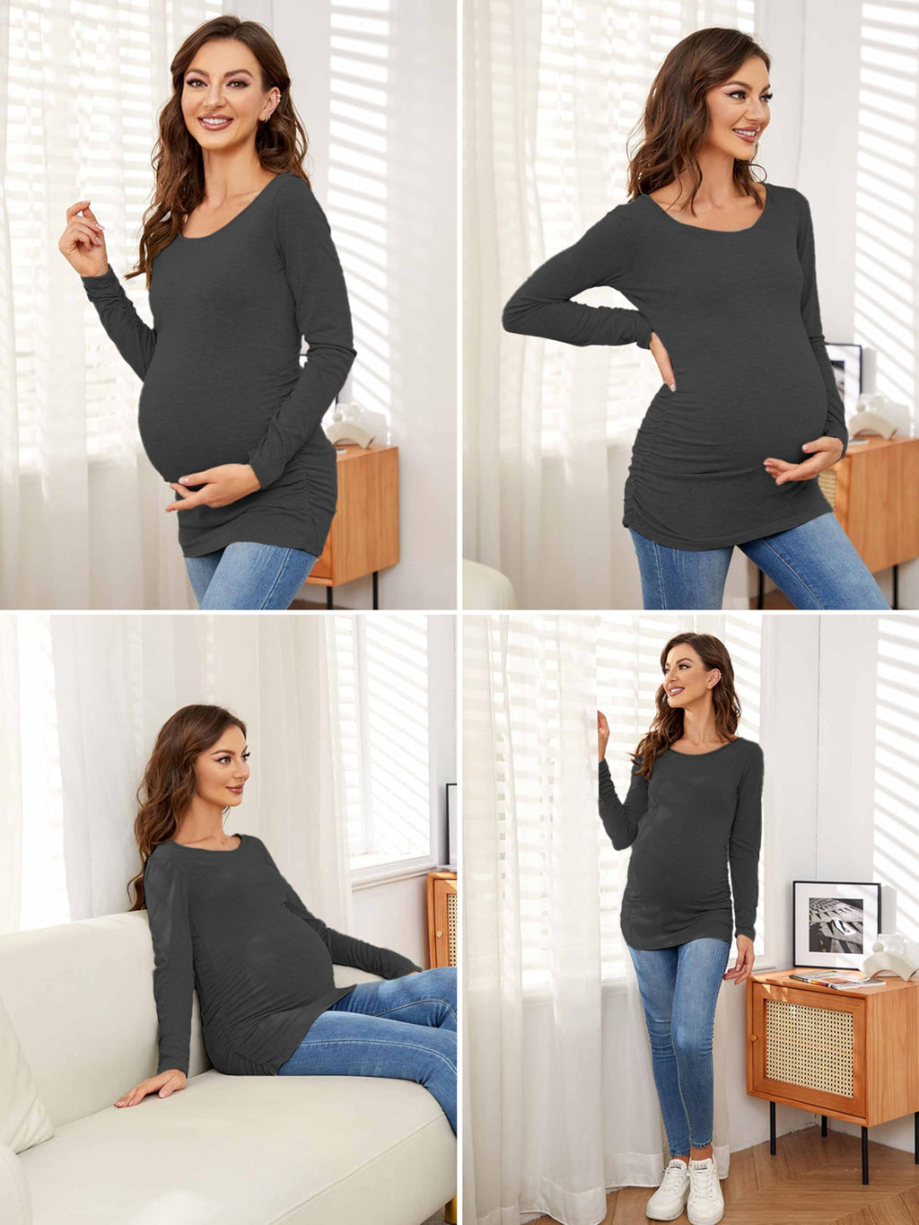 Ecavus Women's 3-Pack Maternity Shirts Long Sleeve Soft Stretchy Pregnancy Tops Side Ruched Casual Mama Clothes