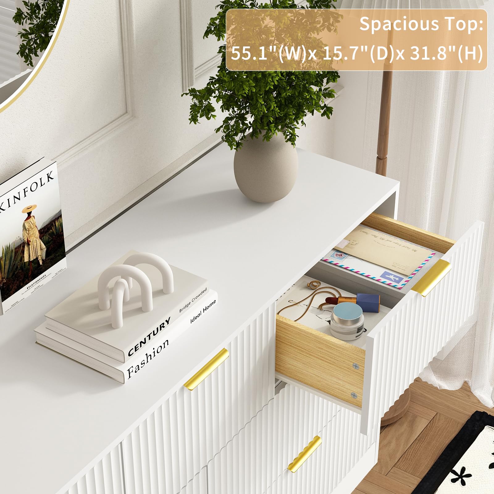 Sscaktu 7 Drawer Fluted Dresser with Deep Drawers for Bedroom, White丨55 Wide Mid Century Dresser, Modern Chest of Drawers, Wood TV Stand Storage Organizer for Closet, Living Room, Hallway