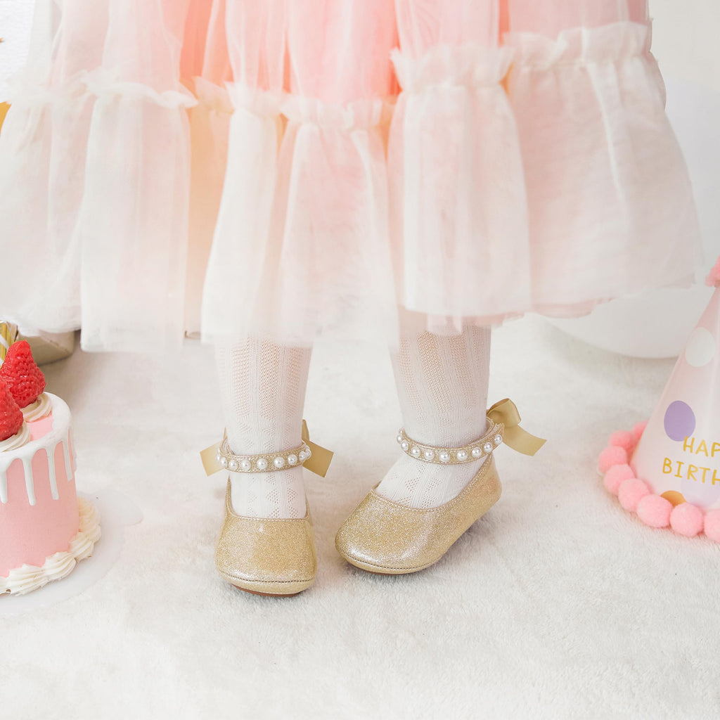 PHIRAMIN Baby Girls Glitter Gold Mary Jane Flats - Infant 6-9 Months Walking Shoes Soft Rubber Sole Princess Wedding