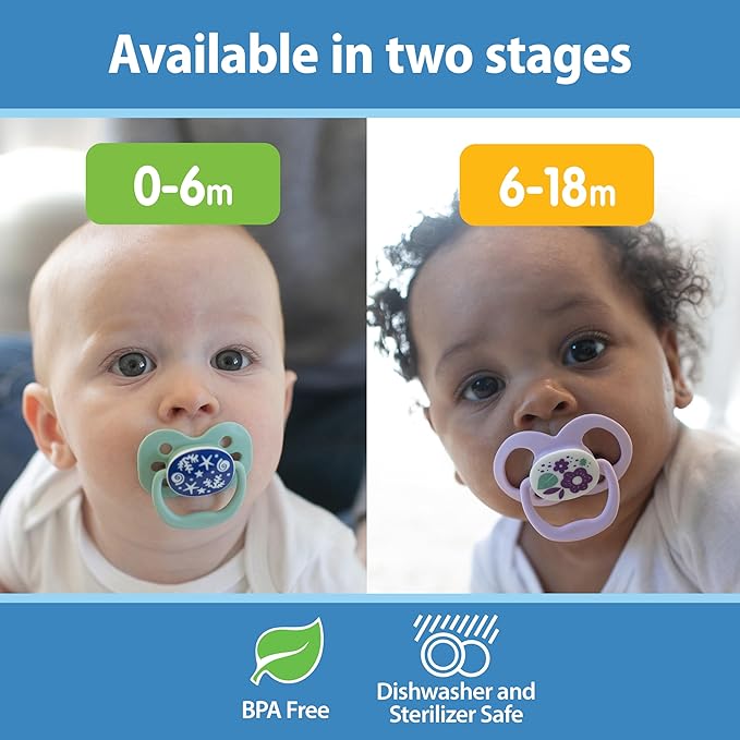 Dr. Brown's Advantage Glow-in-the-Dark Baby Pacifier, Fully Symmetrical Soother with Soft Silicone Bulb, Blue Ocean, 0-6m, BPA Free, 2 Pack