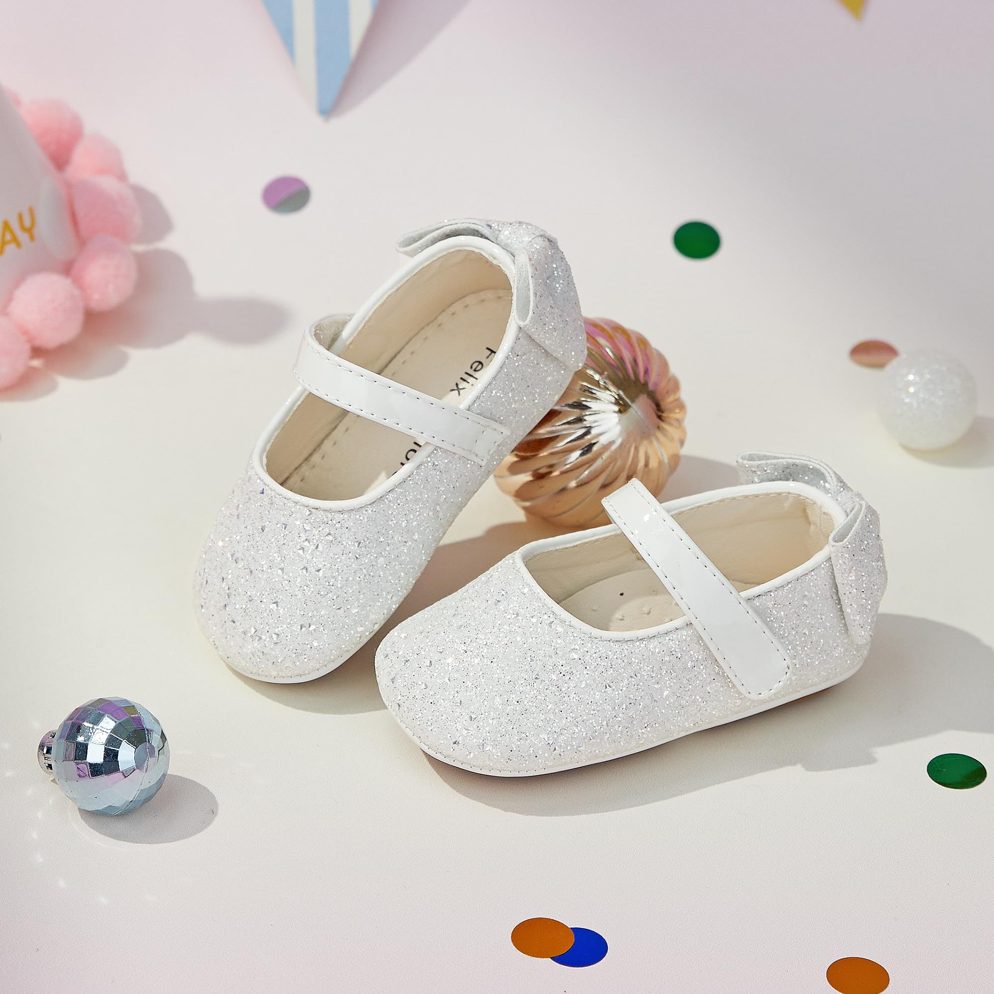 Felix & Flora Soft Sole Giltter White Baby Walking Shoes - Infant Moccasins Rubber Sole Crib Ballet Flats(Giltter White,12-18Months)