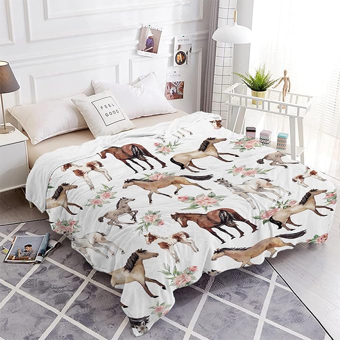 Horse Rose Throw Blanket for Women Men Flowers Blanket Gifts for Adults Cute Horses Lightweight Blanket 60X80 Inches for Bed All Season