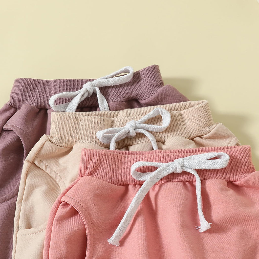 Sejardin Toddler Baby Boy Girl Pants 3 Pack Solid Color Elastic Waist Jogger Sweatpants Newborn Infant Casual Bottoms (Apricot Pink Purple, 18-24 Months)