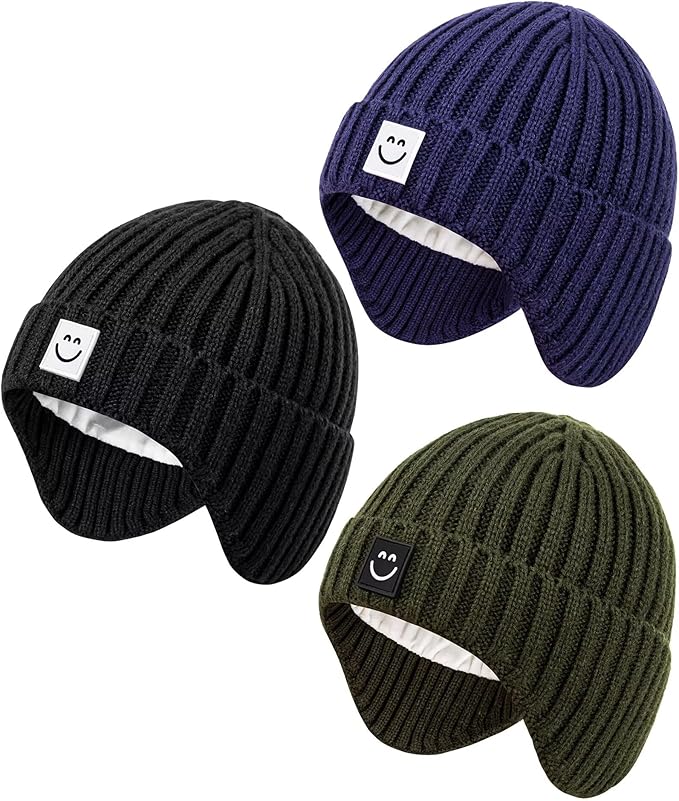 3 Pack Baby Beanie Hats with Earflaps, 2 Size Baby Winter Hat for Infant Toddler Kids, Fleece Lined Knit Hat for Girls Boys