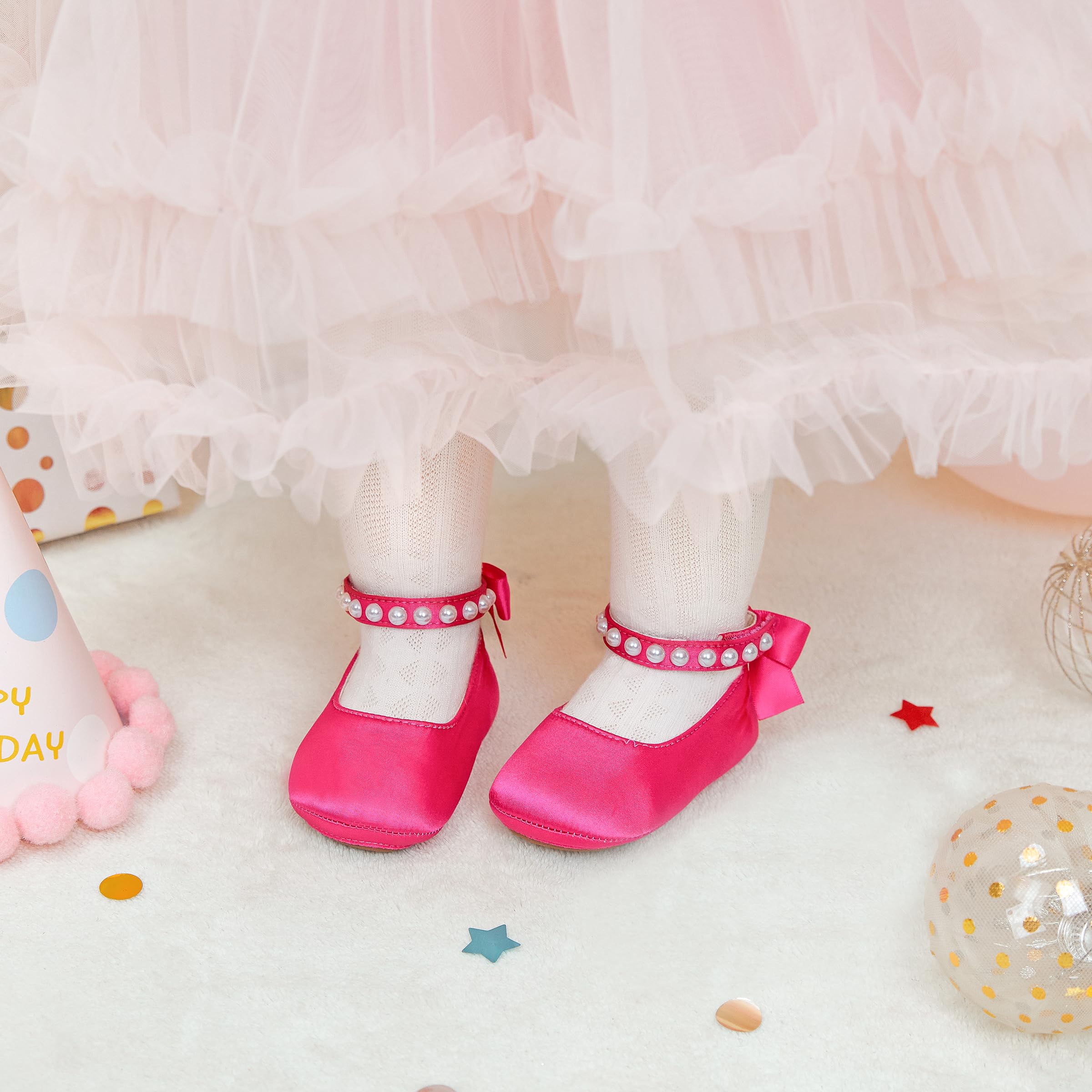 PHIRAMIN Baby Girls Rose Pink Mary Jane Flats - Infant 12-18 Months Walking Shoes Soft Rubber Sole Princess Wedding