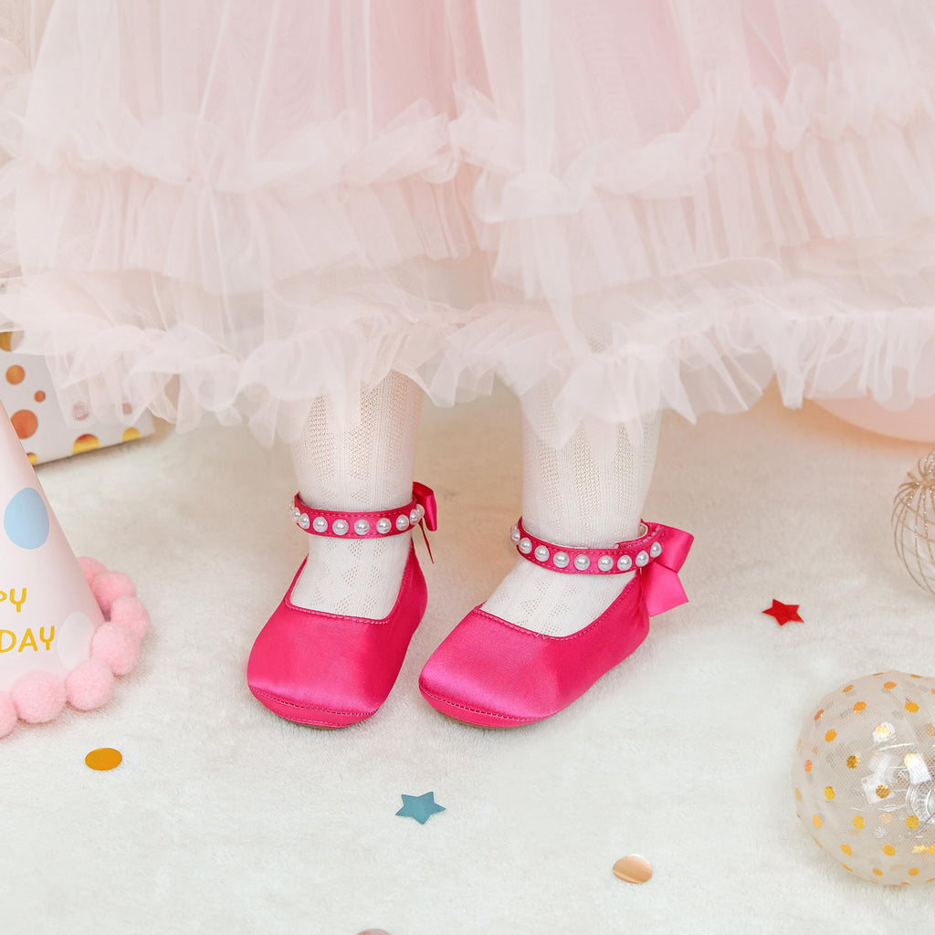 PHIRAMIN Baby Girls Rose Pink Mary Jane Flats - Infant 9-12 Months Walking Shoes Soft Rubber Sole Princess Wedding