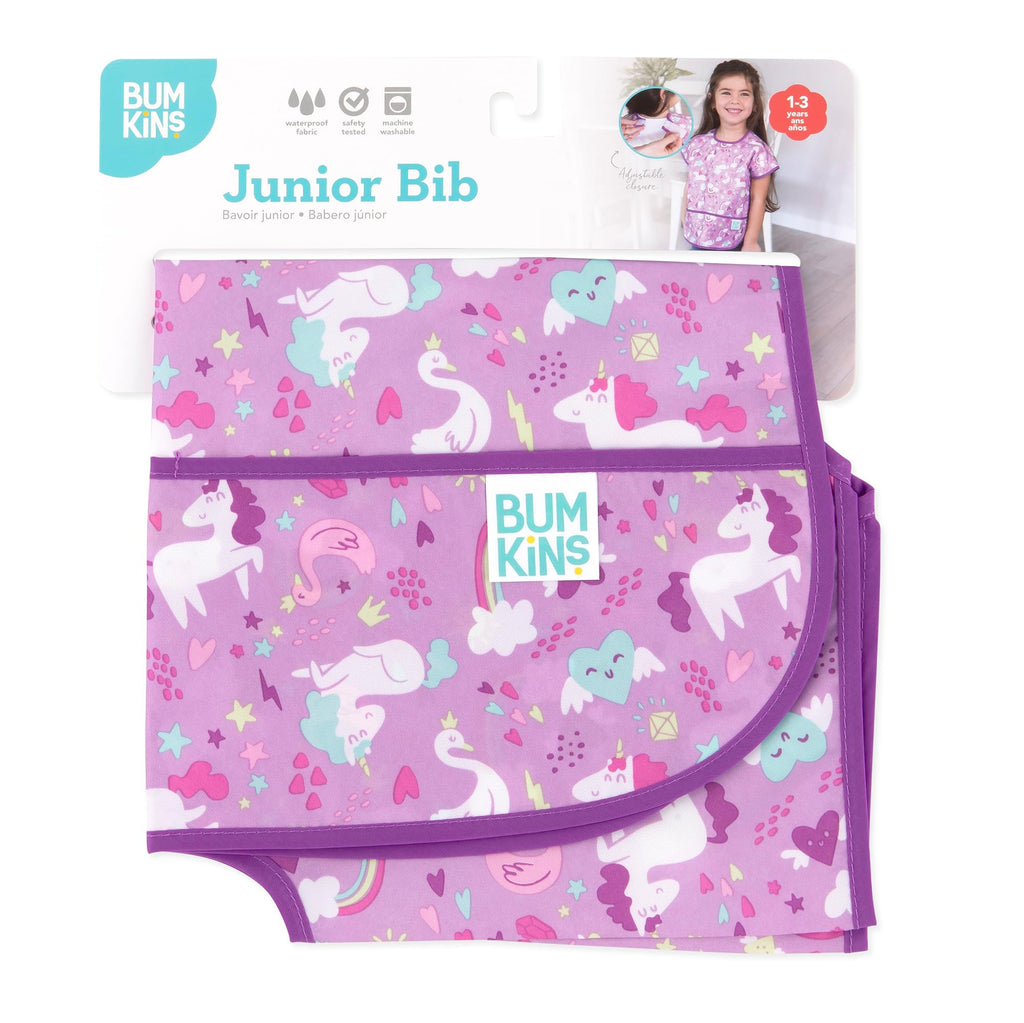 Bumkins Short Sleeve Bib for Girl or Boy, Toddler and Kids for 1-3 Years, Large Size, Essential Must Have for Junior Children, Eating, Mess Saving Soft Fabric Apron for Play, Unicorns Purple