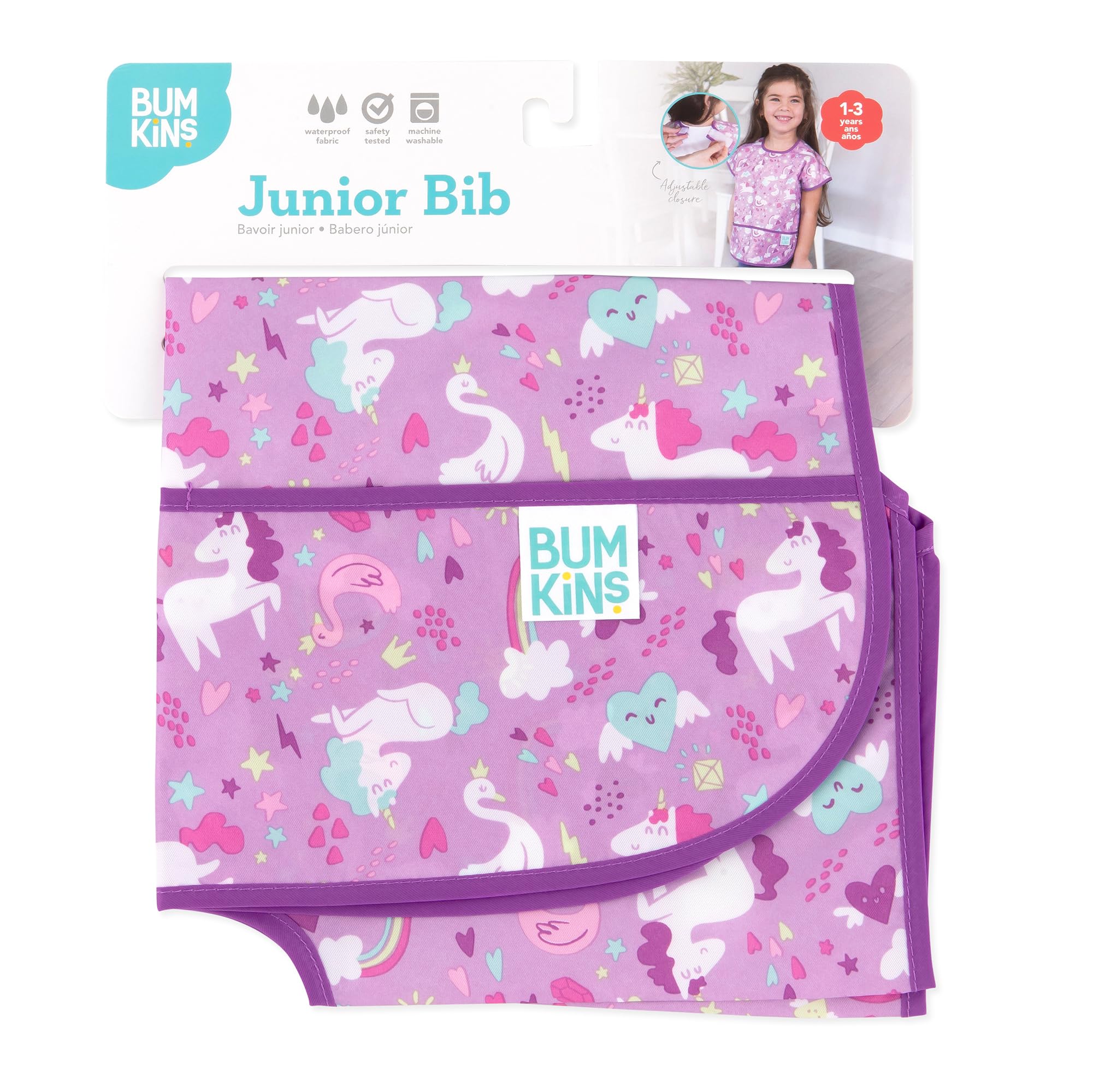 Bumkins Short Sleeve Bib for Girl or Boy, Toddler and Kids for 1-3 Years, Large Size, Essential Must Have for Junior Children, Eating, Mess Saving Soft Fabric Apron for Play, Unicorns Purple