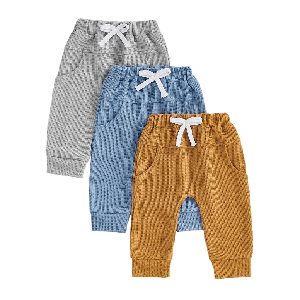 Sejardin Toddler Baby Boy Girl Pants 3 Pack Solid Color Elastic Waist Jogger Sweatpants Newborn Infant Casual Bottoms (Waffle Gray Blue Brown, 12-18 Months)