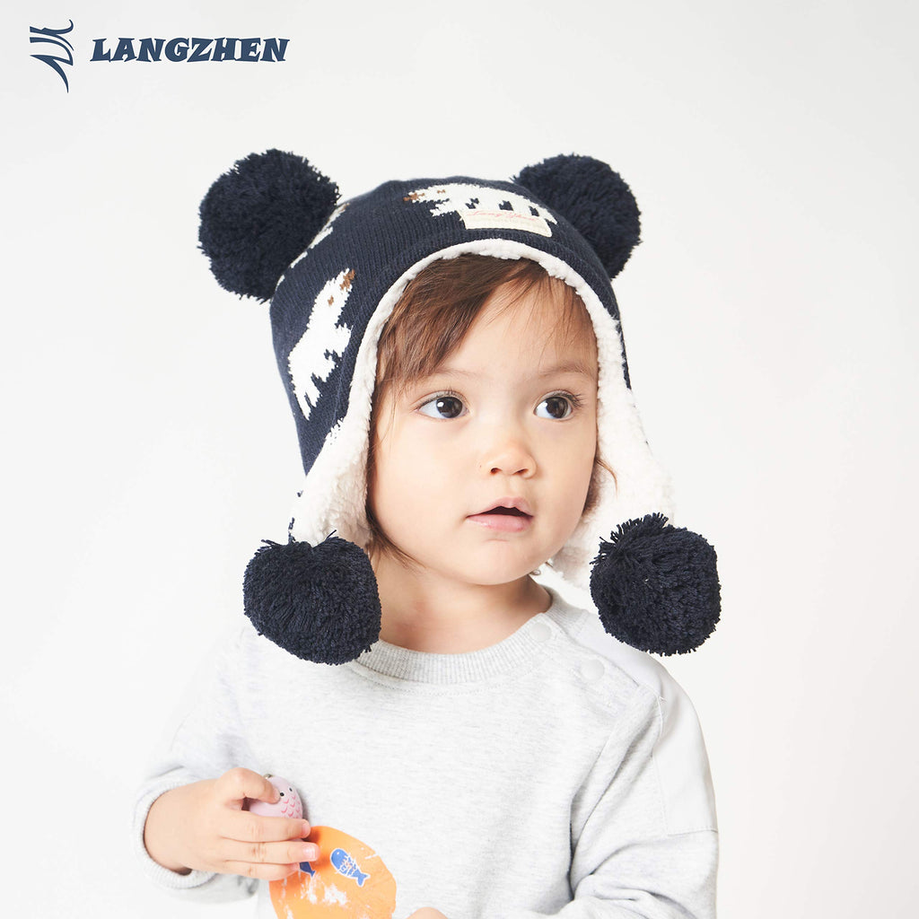 LANGZHEN Toddler Kids Infant Winter Hat,Earflap Knit Warm Cap Fleece Lined Beanie for Baby Boys Girls (Bear -Navy Stripe+Polar Bear-Navy, 6-12 Months)