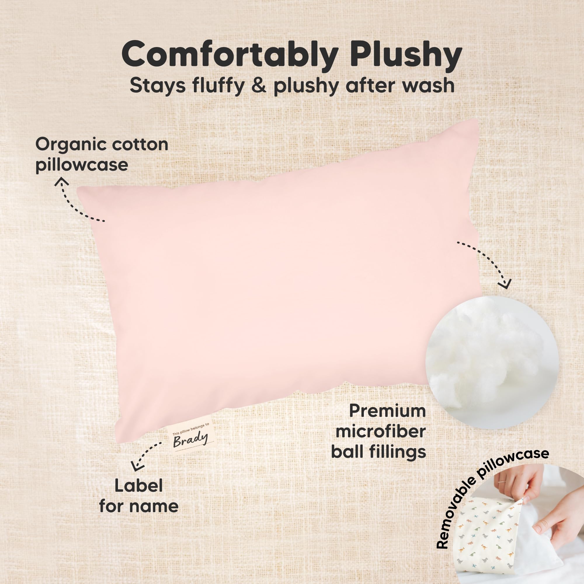 Mini Toddler Pillow with Pillowcase, 9x13 My Dreamy Pillow (Mist Pink)