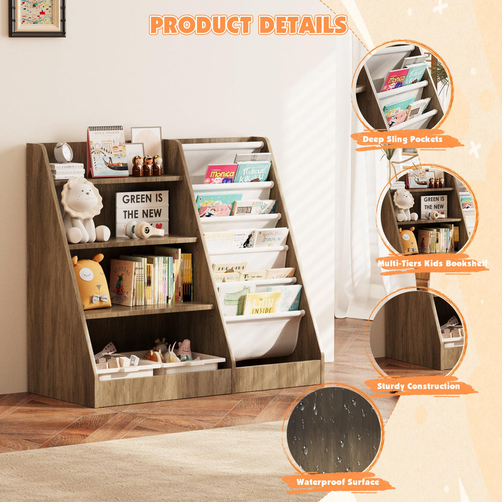 4 Tier Kids Bookshelf Wooden, Five Layer Sling Children Bookcase, Baby Toddler Storage Book Rack, Book and Toy Organizer Cabinet Chest, Book Display Shelf Stand, Playroom Nursery Classroom Library