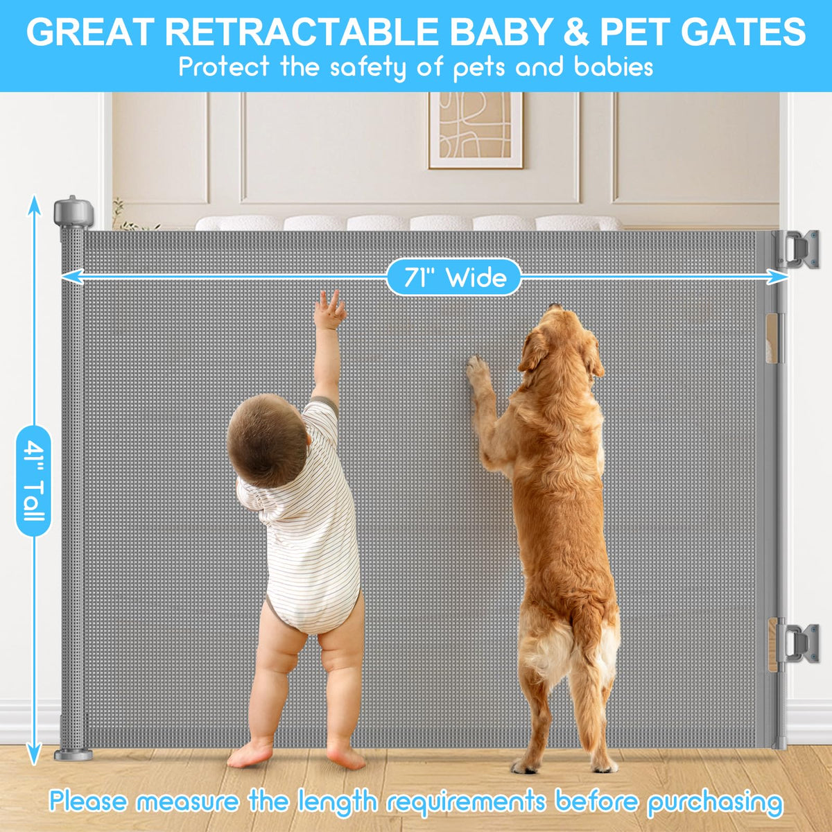EZIGO 71 Inch Retractable Baby Gates, 41 Inch Extra Tall Retractable Gate