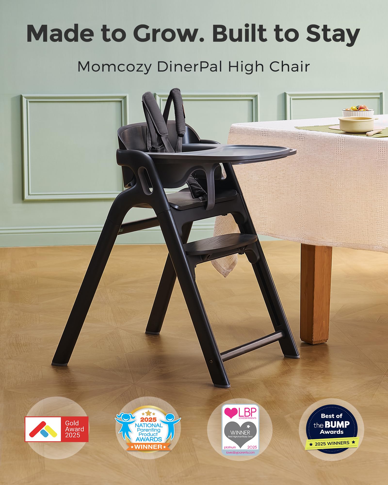 Momcozy 5-in-1 Wooden High Chair for Babies & Toddlers, Midnight Black