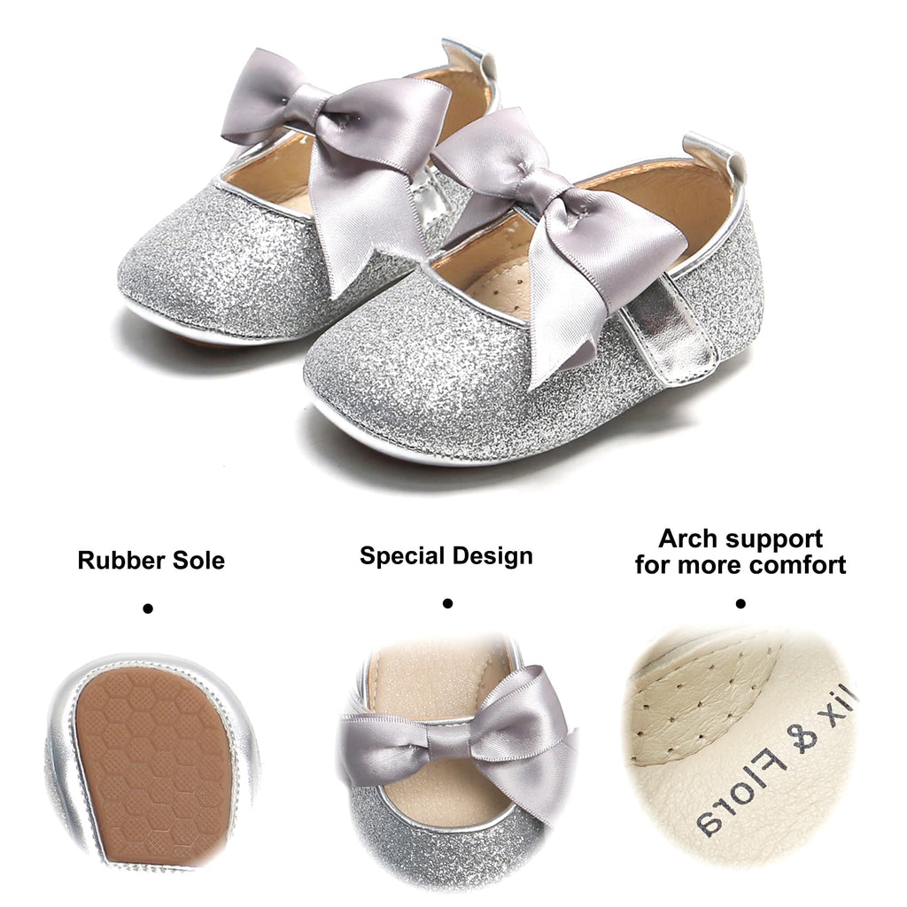 Soft Sole Leather Silver Baby Shoes - Infant Baby Walking Shoes Moccasinss Rubber Sole Crib Shoes(Silver,9-12Months Infant)