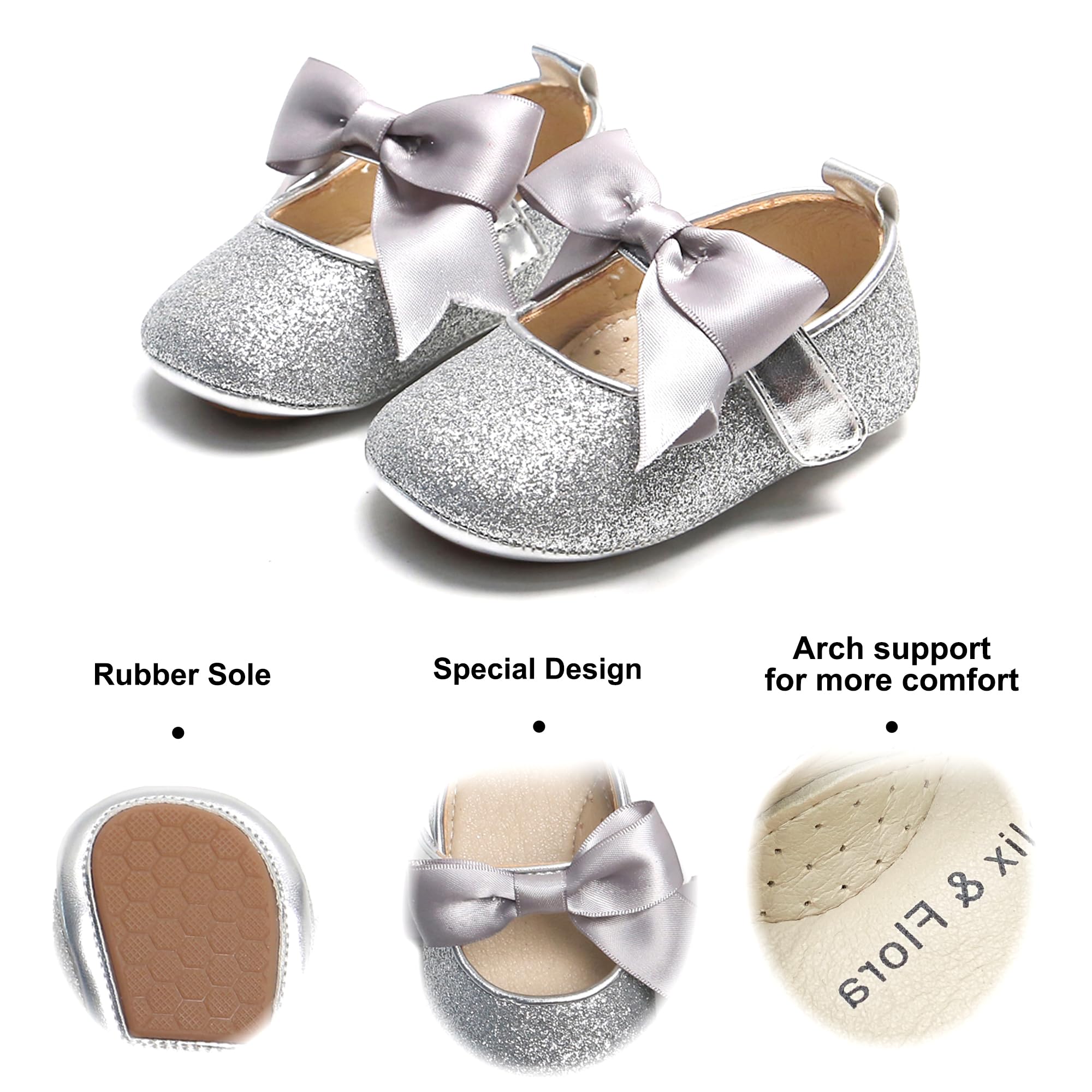 Soft Sole Leather Silver Baby Shoes - Infant Baby Walking Shoes Moccasinss Rubber Sole Crib Shoes(Silver,9-12Months Infant)