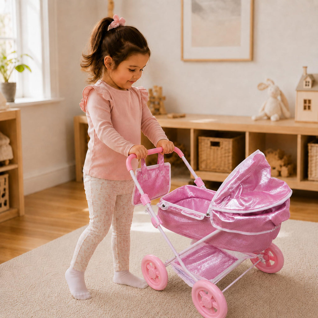 Olivia's Little World Baby Doll Bassinet Pram, Hot Pink Glitter
