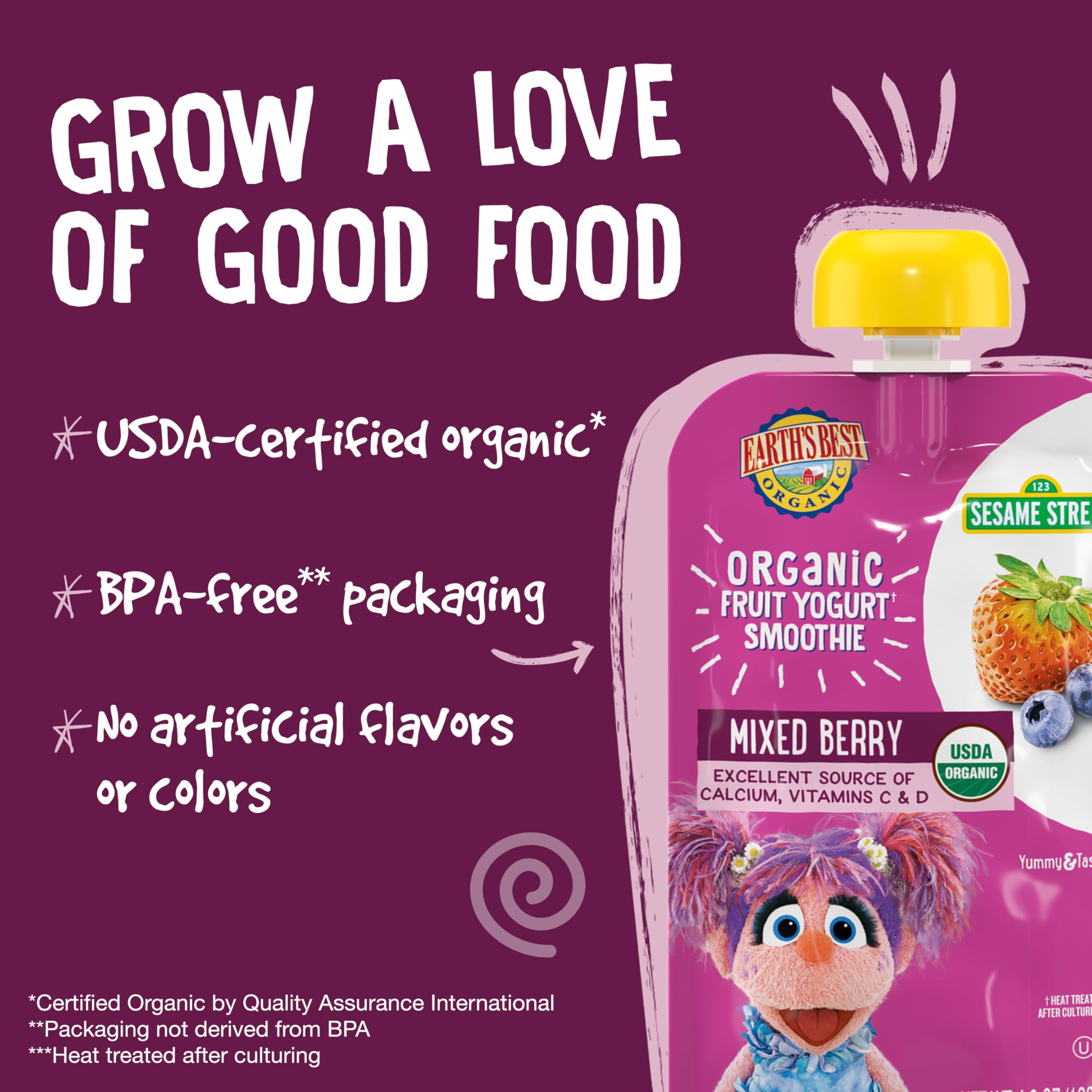 Earth's Best Organic Yogurt Smoothie Pouches, 24+ Months, Fruit and Yogurt Smoothie for Kids, Mixed Berry, 4.2 Ounce Resealable Pouch (Pack of 12)