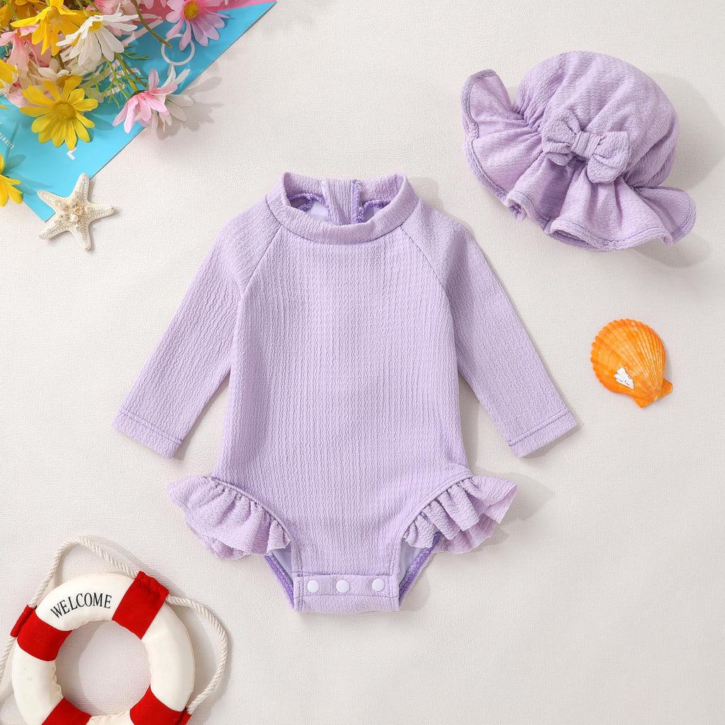 YOUNGER TREE Infant Baby Girls Long Sleeve Swimsuit One Piece Swimsuit Solid Color Bathing Suit with Hat, UPF 50+（Light Purple, 18-24 Months）