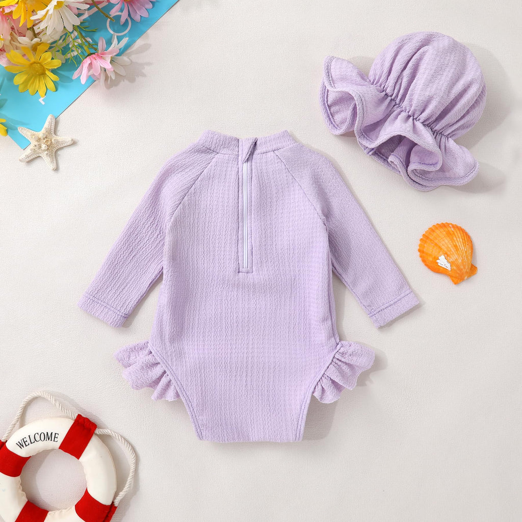 YOUNGER TREE Infant Baby Girls Long Sleeve Swimsuit One Piece Swimsuit Solid Color Bathing Suit with Hat, UPF 50+（Light Purple, 18-24 Months）