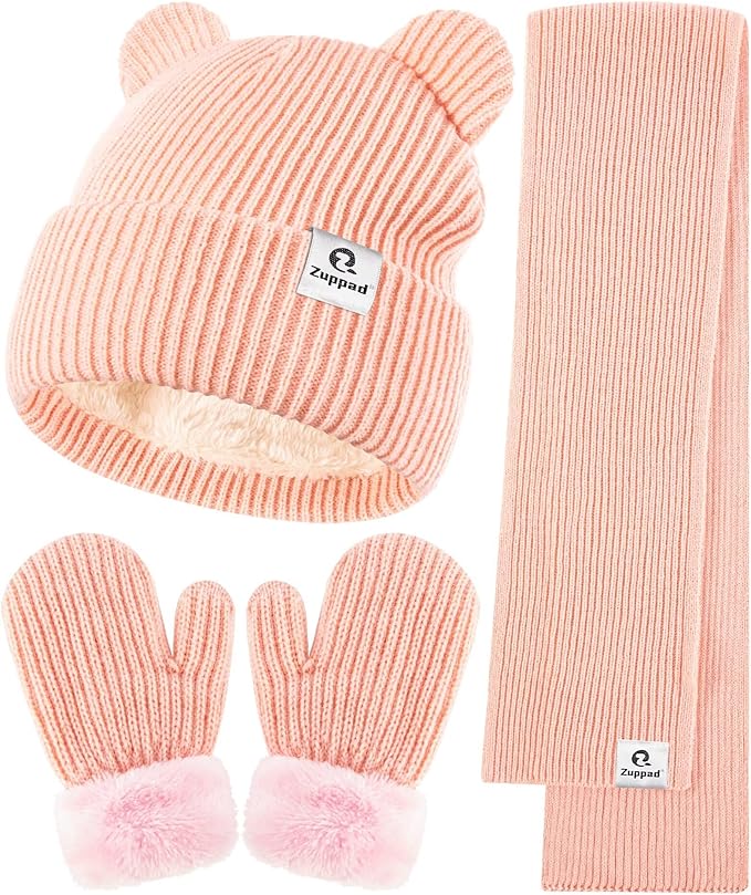 Baby Beanie Mittens Scarf Set,Toddler Infant Kids Winter Hat with Bear Ear Thermal Gloves Neck Warmer Set for Girls Boys