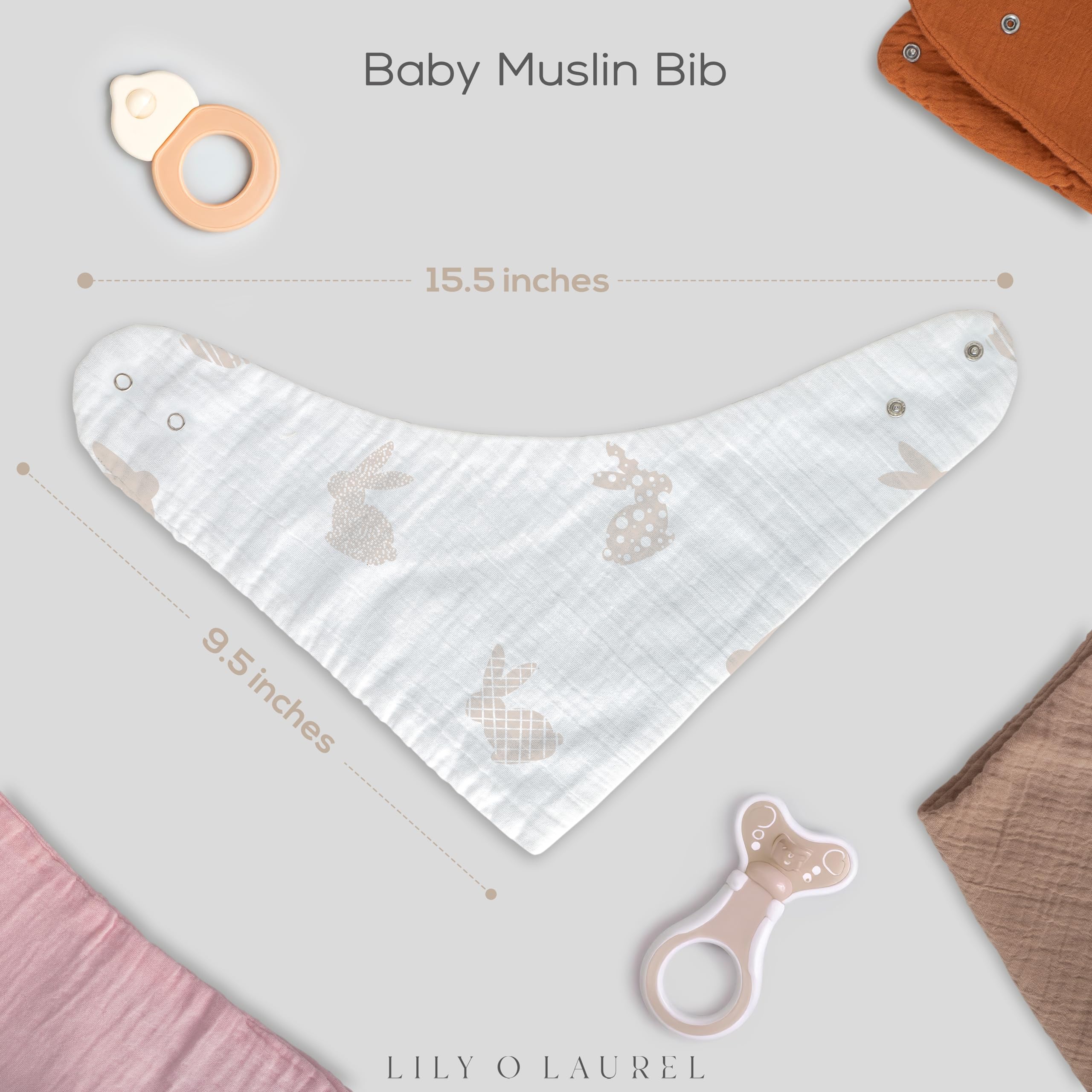 LILY O LAUREL Muslin baby bandana bibs for drooling and teething, 100% cotton, Baby bib for boys and girls, Muslin Bibs – Pack of 8