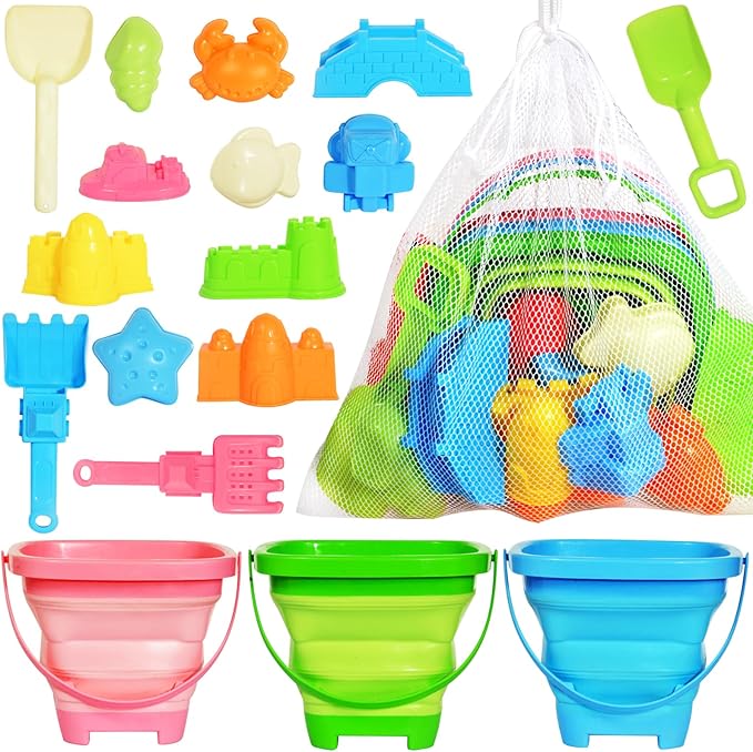 Collapsible Beach Sand Toys for Kids Toddlers,Travel Beach Toys with 3 Collapsible Sand Buckets,Shovels,Mesh Bags,Sand Molds,Castle Toys for Beach, Age 18+ Month
